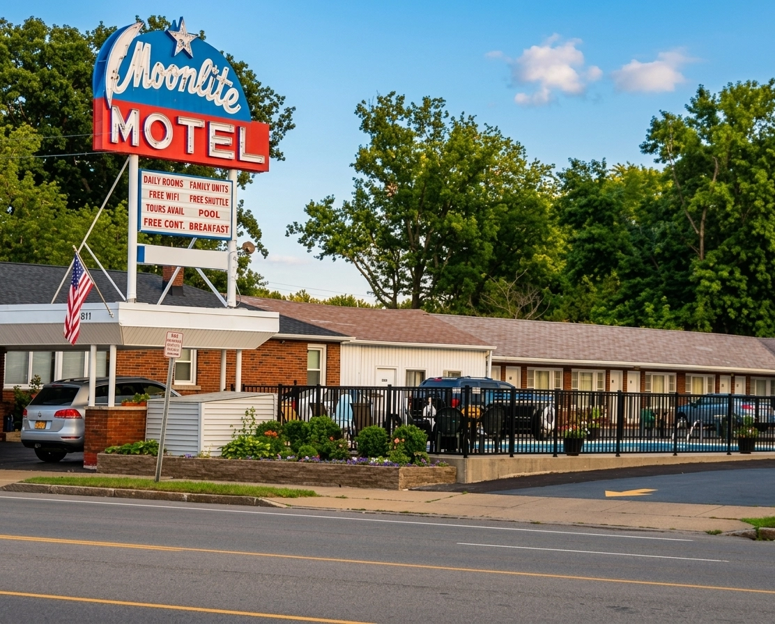 Moonlite Motel vintage neon sign and brick exterior on Niagara Falls Boulevard